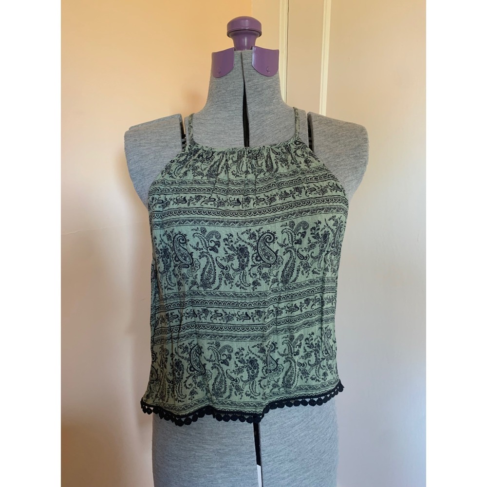 Forever 21 Green Paisley Halter Neck Crop Top Pom Pom Trim Size M